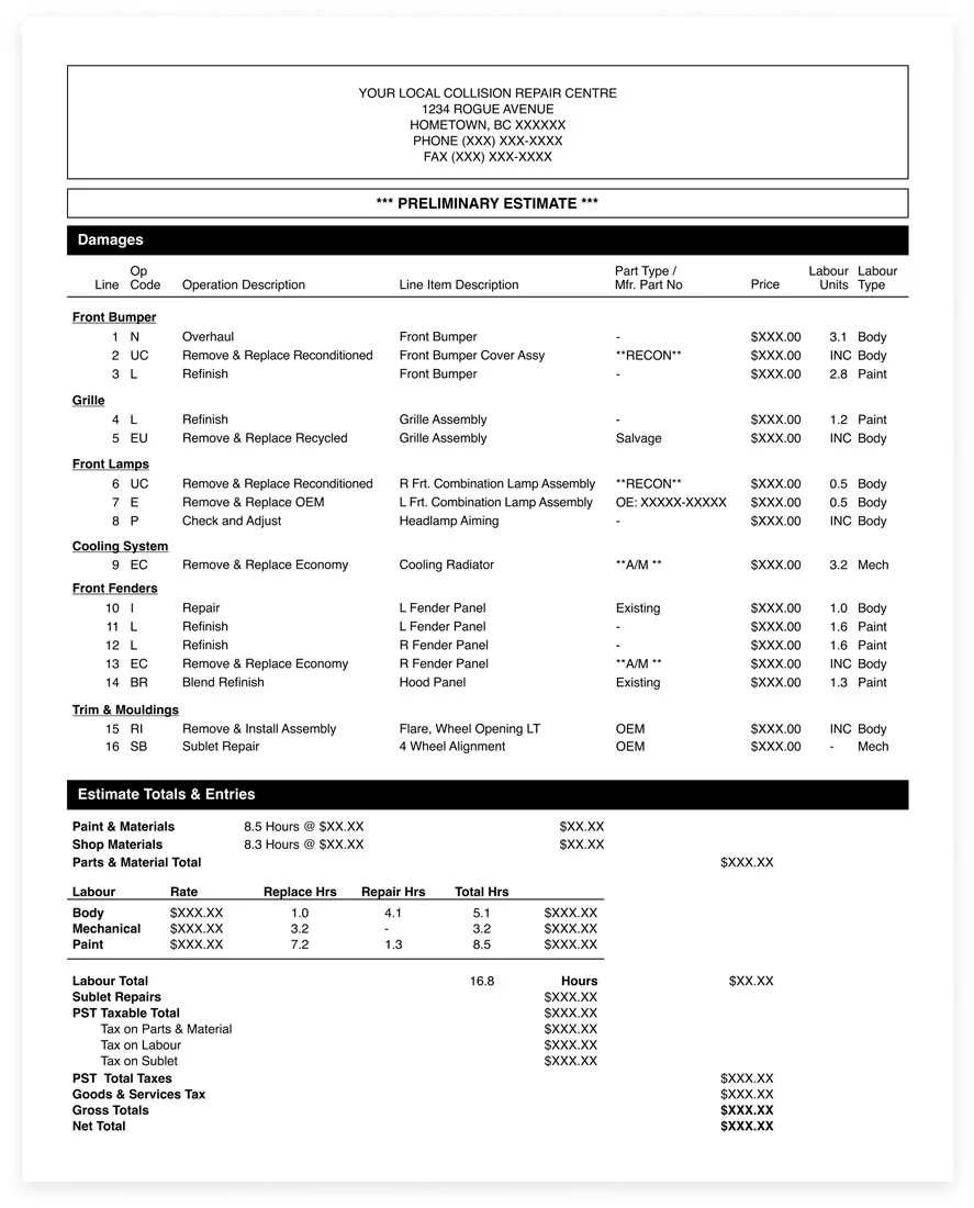 Image of an example repair estimate sheet. The user can click on the numbered buttons on the repair estimate sheet for an explanation of the terms and abbreviations frequently used on a collision estimate, so that the user has a better understanding of the repair operations and parts provided in the repair.