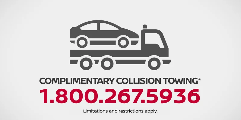 Icon of a vehicle on a tow truck on a grey background. Copy in image: Complimentary Collision Towing 1.800.267.5936.