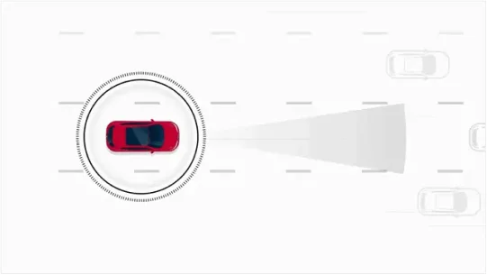Technical drawing of a Nissan vehicle sensing the distance between it and other vehicles.