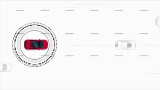 Technical drawing of a Nissan vehicle sensing the vehicles around it, while driving.