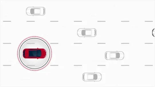 Technical drawing of a Nissan vehicle sensing vehicles around it, while driving.