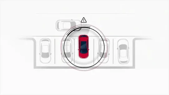 Technical drawing of a Nissan vehicle sensing a vehicle as it pulls out of a parking spot, and alerting the driver.